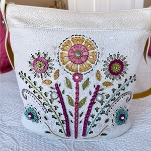 Brighton Hazel Floral Embroidered White Leather Shoulder Bag